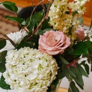 Hydrangea, Stock and Custom-Colored Rose Reception Table Arrangement