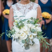 All White Bridal Bouquet-- Eskimo Roses, Stock, Lisianthks, Carnation, Dusty Miller, Silver Dollar Eucalyptus, Willow Eucalyptus